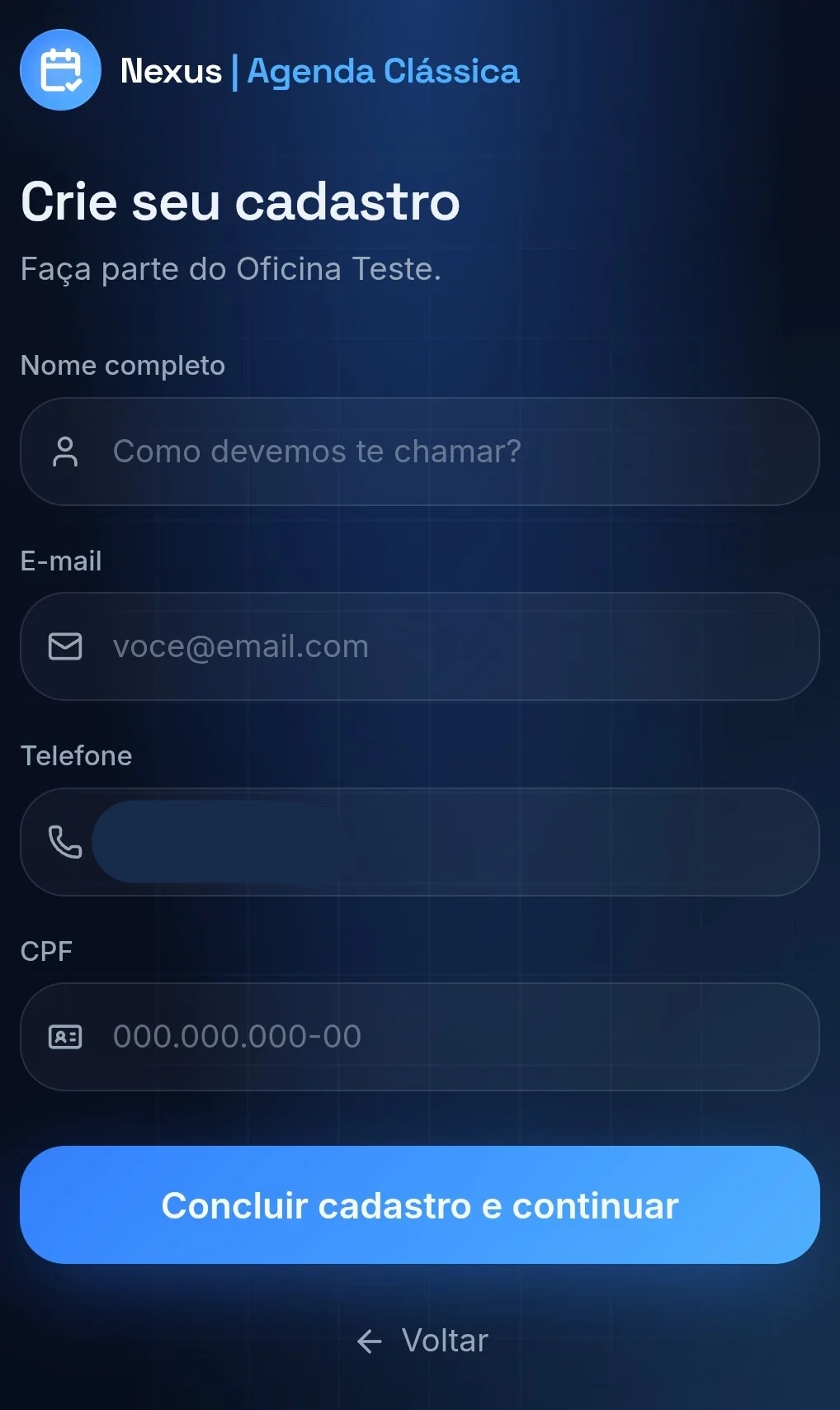 Formulário de cadastro profissional da Agenda Nexus